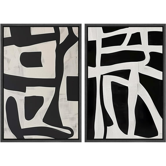 IDEA4WALL Framed Canvas Print Wall Art Set Monochrome Abstract Black & White Dynamic Forms Illustrations Modern Abstract Color Blocks Digital Art Wall Decor Boho for Home Decor - 16"x24"x2 Black