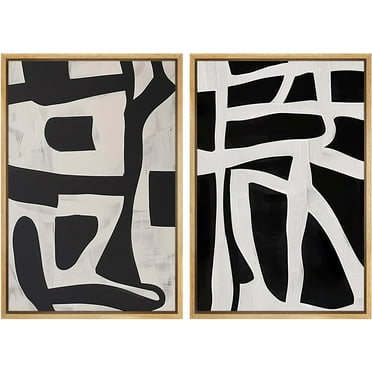 IDEA4WALL Framed Canvas Print Wall Art Set Monochrome Abstract Black & White Dynamic Forms Illustrations Modern Abstract Color Blocks Digital Art Wall Decor Boho for Home Decor - 24"x36"x2 Natural