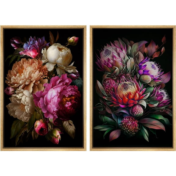 IDEA4WALL Framed Canvas Print Wall Art Set Moody Flower Floral Botanical Prints Minimalist Art Modern Wall Decor Dark Academia Artwork for Living Room, Bedroom, Office - Natural 24"x36"x3