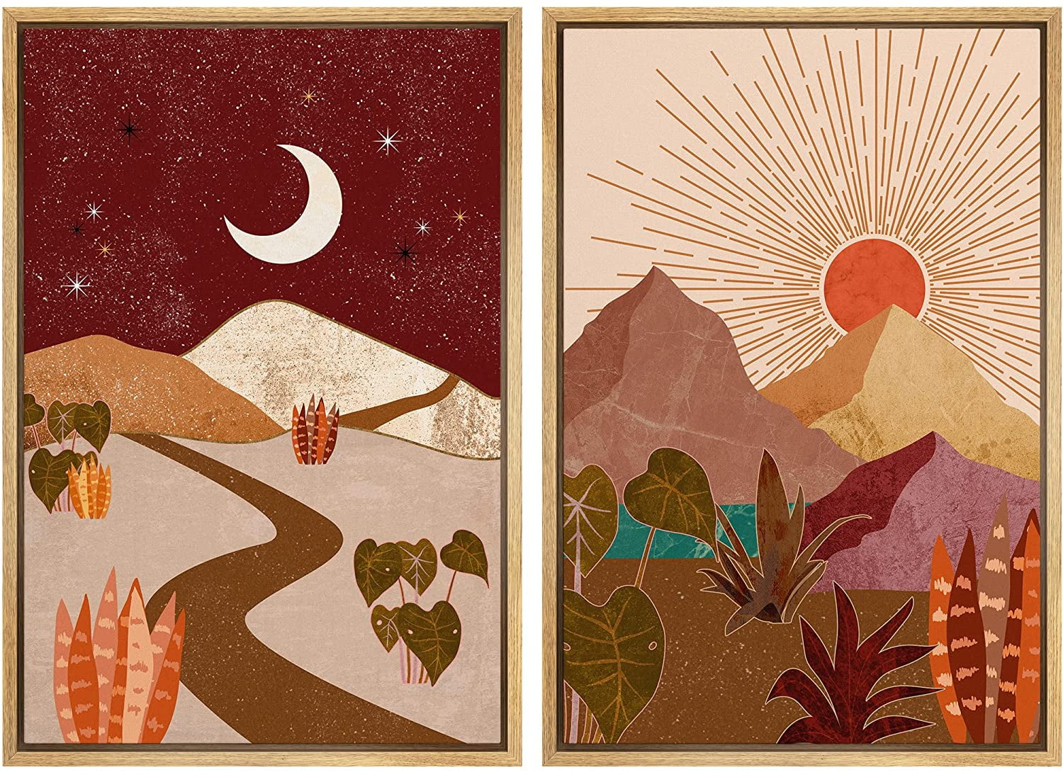 Natural Framed Abstract Botanical Canvas Print Set