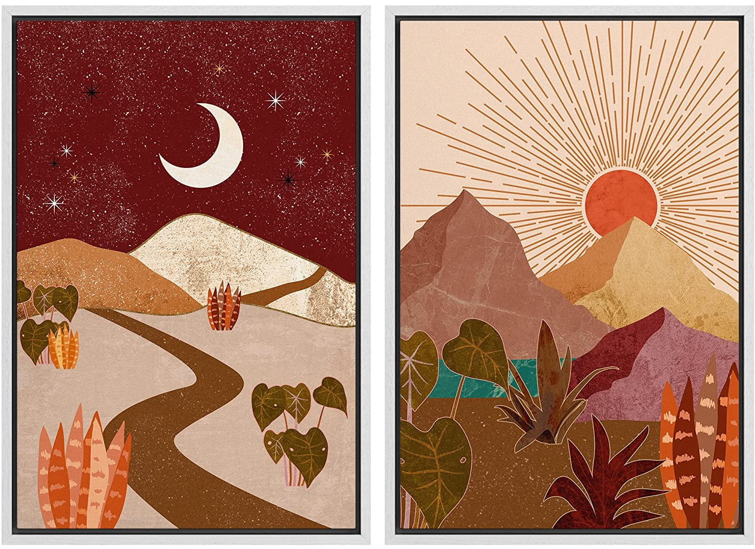 Sun and Moon Abstract Botanical Landscape Canvas Print Set with White Frame