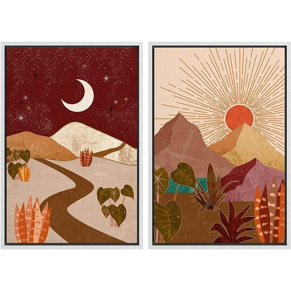 IDEA4WALL Framed Canvas Print Wall Art Set Moon & Sun Desert Southwest Landscapes Nature Illustrations Modern Art Rustic Decorative for Living Room, Bedroom, Office - 16"x24"x2 White