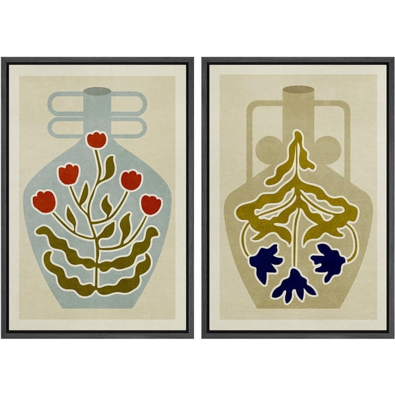 IDEA4WALL Framed Canvas Print Wall Art Set Multicolor Pattern Flower Vase Collage Abstract Digital Art Decorative Bohemian Colorful Nature Artwork for Living Room, Bedroom, Office - 24"x36"x2 Black