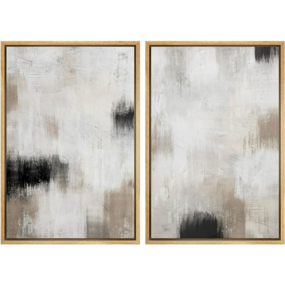 IDEA4WALL Framed Canvas Print Wall Art Set Muted Abstract Brushstroke Soft Neutral Tones with Black Digital Art Mid-Century Modern Art Wall Decor Minimalist Artwork for Home -Natural 16"x24"
