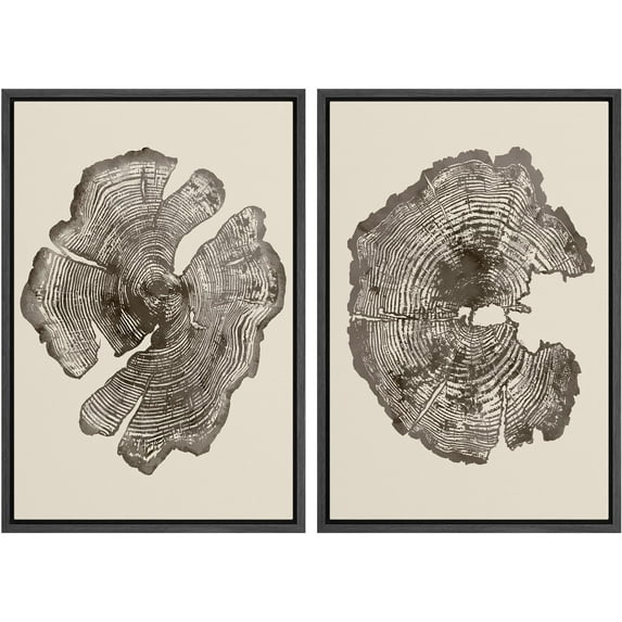 IDEA4WALL Framed Canvas Print Wall Art Set Natural Wood Rings Rustic Landscape Digital Art Abstract Tree Cross-Section Vintage Art Wall Decor Retro Artwork for Home Decor - Black 24"x36"x2