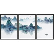 IDEA4WALL Framed Canvas Print Wall Art Set Pastel Blue Mountain Range Boat Sea Nature Wilderness Modern Art Decorative Landscape Rustic for Living Room, Bedroom, Office - 24"x36"x3 Black