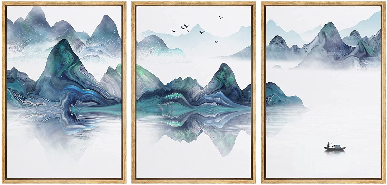IDEA4WALL Framed Canvas Print Wall Art Set Pastel Blue Mountain Range ...