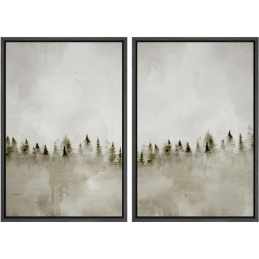 IDEA4WALL Framed Canvas Print Wall Art Set Pastel Misty Pines Serene Forest Landscape Digital Art Abstract Nature Retro Art Modern Wall Decor Minimal Zen Artwork for Home Decor - Black 24"x36"x2