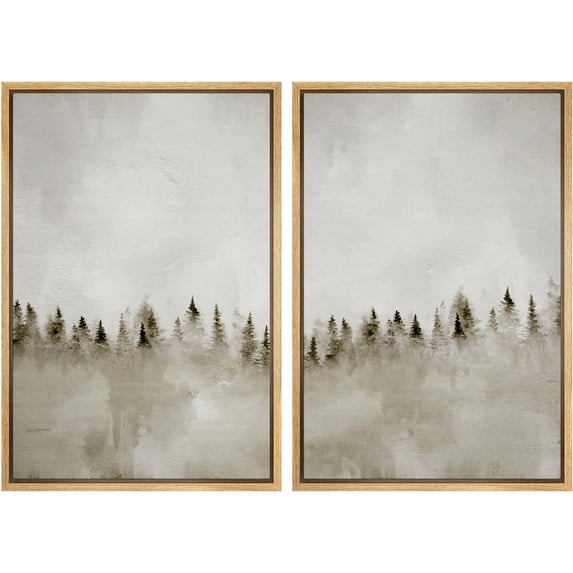 IDEA4WALL Framed Canvas Print Wall Art Set Pastel Misty Pines Serene Forest Landscape Digital Art Abstract Nature Retro Art Modern Wall Decor Minimal Zen Artwork for Home Decor - Natural 16"x24"x2