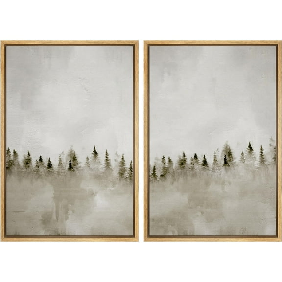 IDEA4WALL Framed Canvas Print Wall Art Set Pastel Misty Pines Serene Forest Landscape Digital Art Abstract Nature Retro Art Modern Wall Decor Minimal Zen Artwork for Home Decor - Natural 24"x36"x2