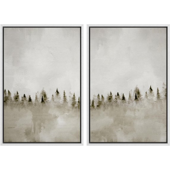 IDEA4WALL Framed Canvas Print Wall Art Set Pastel Misty Pines Serene Forest Landscape Digital Art Abstract Nature Retro Art Modern Wall Decor Minimal Zen Artwork for Home Decor - White 24"x36"x2