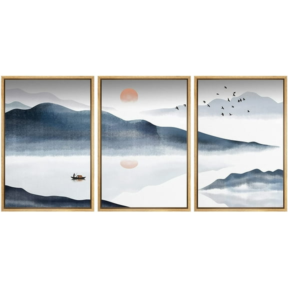 IDEA4WALL Framed Canvas Print Wall Art Set Pastel Mountain Range Boat Ocean Nature Wilderness Modern Art Decorative Landscape Rustic for Living Room, Bedroom, Office - 16"x24"x3 Natural
