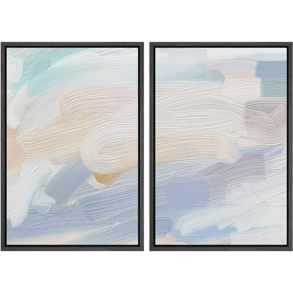 IDEA4WALL Framed Canvas Print Wall Art Set Pastel Paint Stroke Wave Collage Digital Art Decor Retro Pastel Abstract Artwork Contemporary for Living Room, Bedroom, Office - Black 24"x36"x2