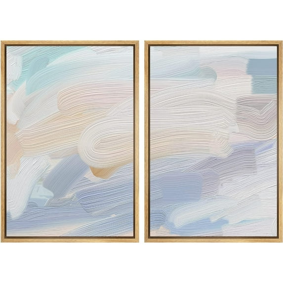 IDEA4WALL Framed Canvas Print Wall Art Set Pastel Paint Stroke Wave Collage Digital Art Decor Retro Pastel Abstract Artwork Contemporary for Living Room, Bedroom, Office - Natural 24"x36"x2
