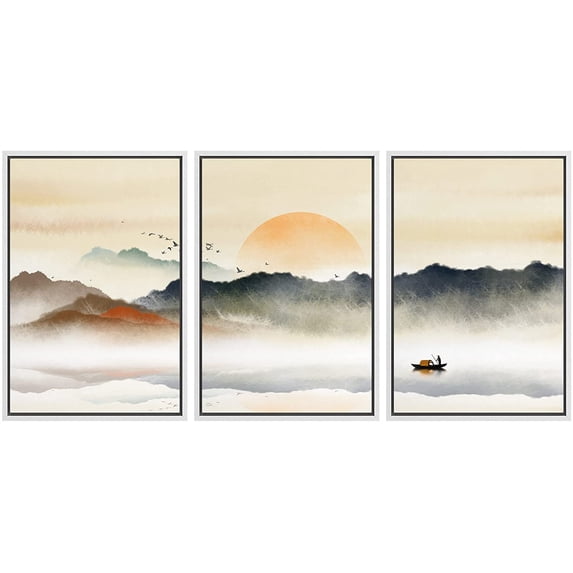 IDEA4WALL Framed Canvas Print Wall Art Set Pastel Rising Sun Misty Ocean Mountain Nature Wilderness Modern Art Decorative Landscape Rustic for Living Room, Bedroom, Office - 16"x24"x3 White