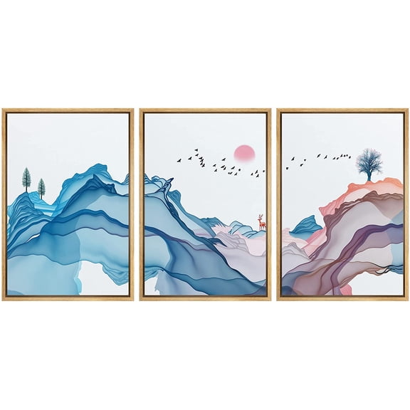 IDEA4WALL Framed Canvas Print Wall Art Set Pastel Watercolor Abstract Wave Forest Nature Wilderness Modern Art Decorative Landscape Rustic for Living Room, Bedroom, Office - 16"x24"x3 Natural