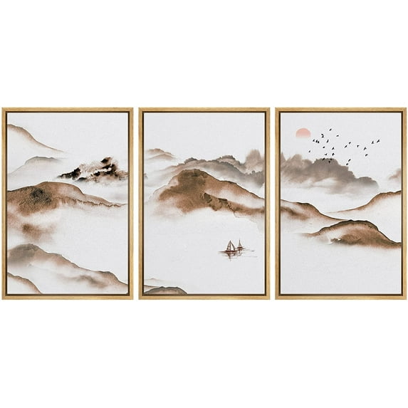 IDEA4WALL Framed Canvas Print Wall Art Set Pastel Watercolor Foggy Mountain Sea Nature Wilderness Modern Art Decorative Landscape Rustic for Living Room, Bedroom, Office - 16"x24"x3 Natural