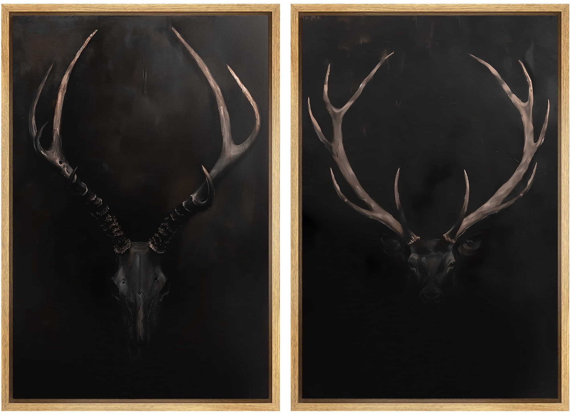 IDEA4WALL Framed Canvas Print Wall Art Set Rustic Antler Skull Pattern  Prints Dark Dramatic Black Vintage-Inspired Deer and Elk Antlers  Illustrations Minimal for Home Decor - 16\, image size:2000x1453