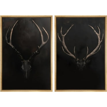 IDEA4WALL Framed Canvas Print Wall Art Set Rustic Antler Skull Pattern Prints Dark Dramatic Black Vintage-Inspired Deer and Elk Antlers Illustrations Minimal for Home Decor - 24"x36"x2 Natural