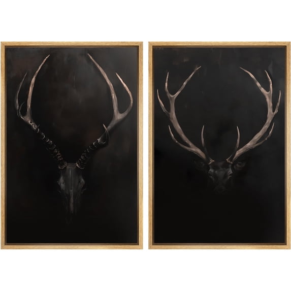 IDEA4WALL Framed Canvas Print Wall Art Set Rustic Antler Skull Pattern Prints Dark Dramatic Black Vintage-Inspired Deer and Elk Antlers Illustrations Minimal for Home Decor - 24"x36"x2 Natural
