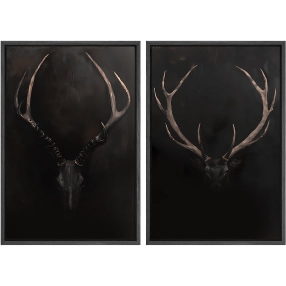 IDEA4WALL Framed Canvas Print Wall Art Set Rustic Antler Skull Pattern Prints Dark Dramatic Black Vintage-Inspired Deer and Elk Antlers Illustrations Minimal for Home Decor - 16"x24"x2 Black
