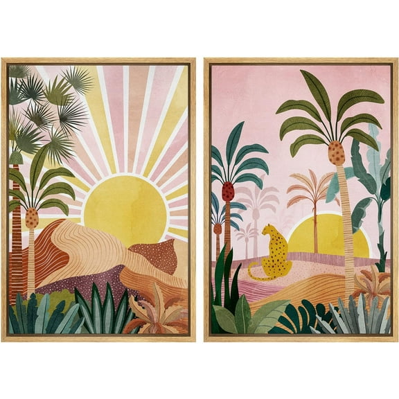 IDEA4WALL Framed Canvas Print Wall Art Set Sunlight Over Tropical Jungle Cheetah Cat Digital Art Decorative Bohemian Colorful Chic Artwork for Living Room, Bedroom, Office - 24"x36"x2 Natural