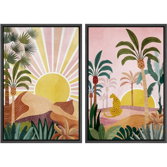 IDEA4WALL Framed Canvas Print Wall Art Set Sunlight Over Tropical Jungle Cheetah Cat Digital Art Decorative Bohemian Colorful Chic Artwork for Living Room, Bedroom, Office - 24"x36"x2 Black