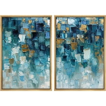 IDEA4WALL Framed Canvas Print Wall Art Set Teal Abstract Geometric Blue Tones Wall Decor Ocean Landscape Modern Art Colorful Pastel Print Contemporary Relax/Zen for Rooms - 24"x36"x2 Natural