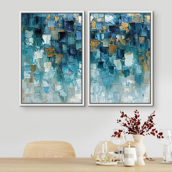IDEA4WALL Framed Canvas Print Wall Art Set Teal Abstract Geometric Blue Tones Wall Decor Ocean Landscape Modern Art Colorful Pastel Print Contemporary Relax/Zen for Rooms - 24"x36"x2 White