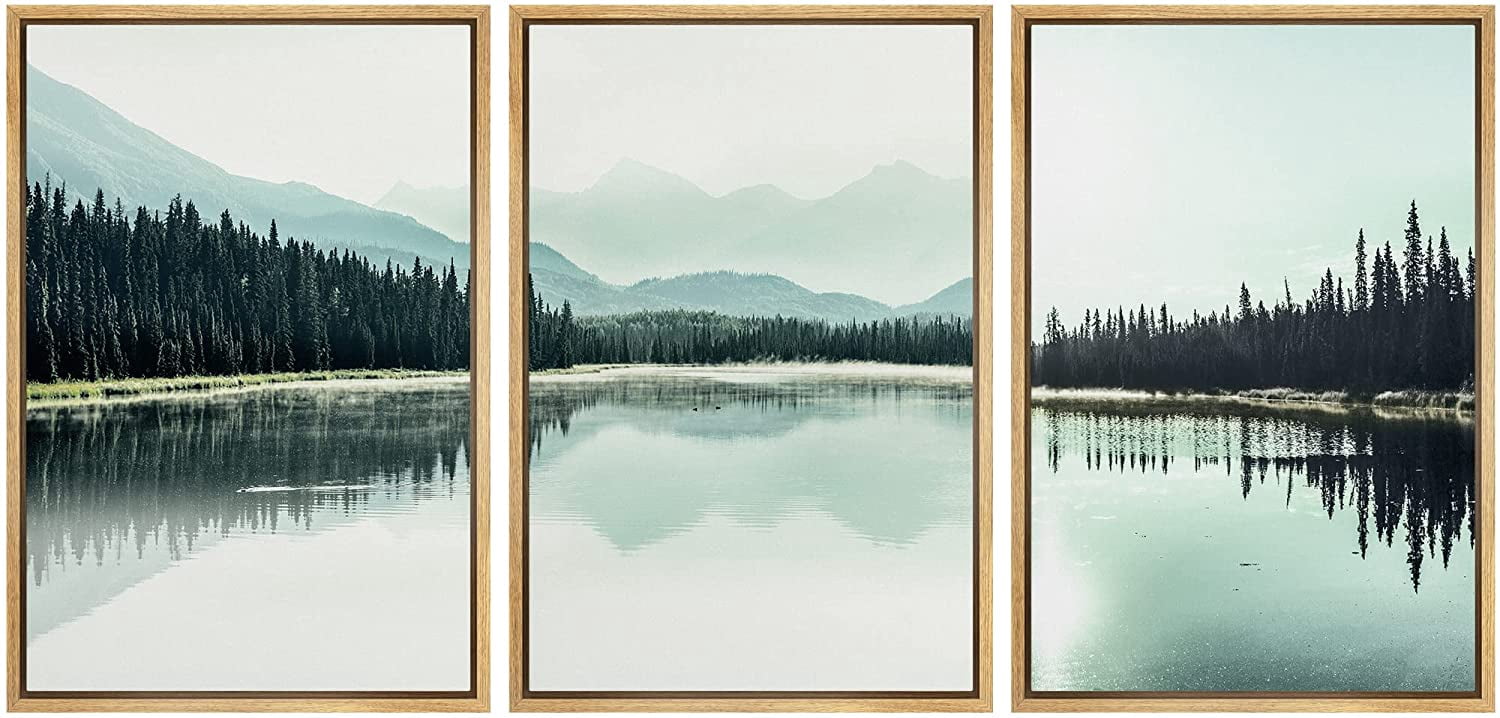 IDEA4WALL Framed Canvas Print Wall Art Set Teal Mountain Range Lake ...