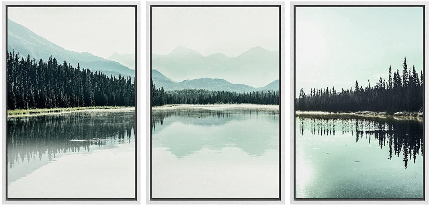 IDEA4WALL Framed Canvas Print Wall Art Set Teal Mountain Range Lake ...