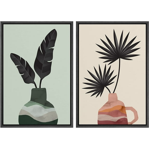 IDEA4WALL Framed Canvas Print Wall Art Set Tropical Jungle Island Palm Leaf Vases Nature Illustrations Modern Art Rustic Decorative for Living Room, Bedroom, Office - 24"x36"x2 Black