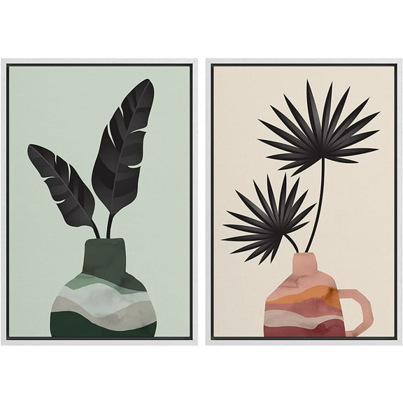 IDEA4WALL Framed Canvas Print Wall Art Set Tropical Jungle Island Palm Leaf Vases Nature Illustrations Modern Art Rustic Decorative for Living Room, Bedroom, Office - 16"x24"x2 White