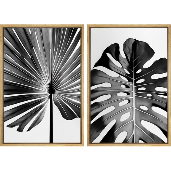 IDEA4WALL Framed Canvas Print Wall Art Set Tropical Leaf & Monstera Jungle Leaf Illustration Modern Art Decor Bohemian Nature Botanical Art for Living Room, Bedroom, Office - Natural 24"x36"x2
