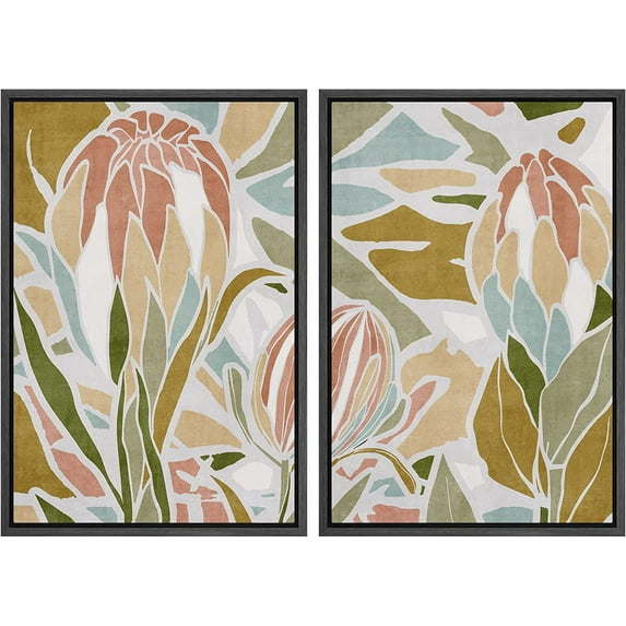 IDEA4WALL Framed Canvas Print Wall Art Set Tropical Monstera Leaf Colorful Collage Abstract Digital Art Decorative Bohemian Colorful Artwork for Living Room, Bedroom, Office - 24"x36"x2 Black