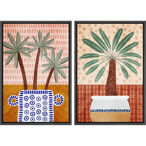 IDEA4WALL Framed Canvas Print Wall Art Set Tropical Palm Leaf Multicolor Vases Abstract Digital Art Decorative Bohemian Colorful Nature Artwork for Living Room, Bedroom, Office - 24"x36"x2 Black
