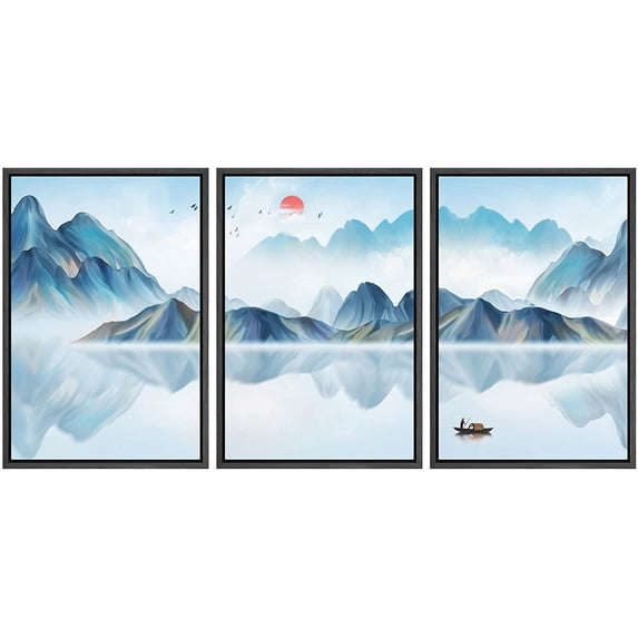 IDEA4WALL Framed Canvas Print Wall Art Set Vibrant Blue Pastel Mountain Reflection Nature Wilderness Modern Art Decorative Landscape Rustic for Living Room, Bedroom, Office - 24"x36"x3 Black