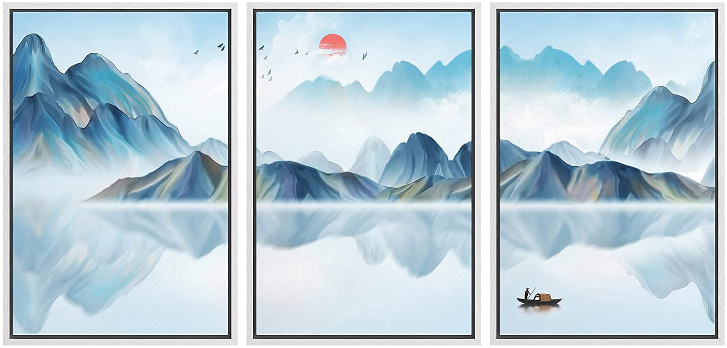 IDEA4WALL Framed Canvas Print Wall Art Set Vibrant Blue Pastel Mountain ...
