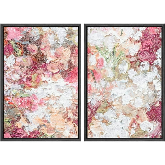 IDEA4WALL Framed Canvas Print Wall Art Set Vibrant Pink Rose Flower Bouquet Abstract Retro Art Decorative Contemporary Pastel Floral Artwork for Living Room, Bedroom, Office - Black 16"x24"x2
