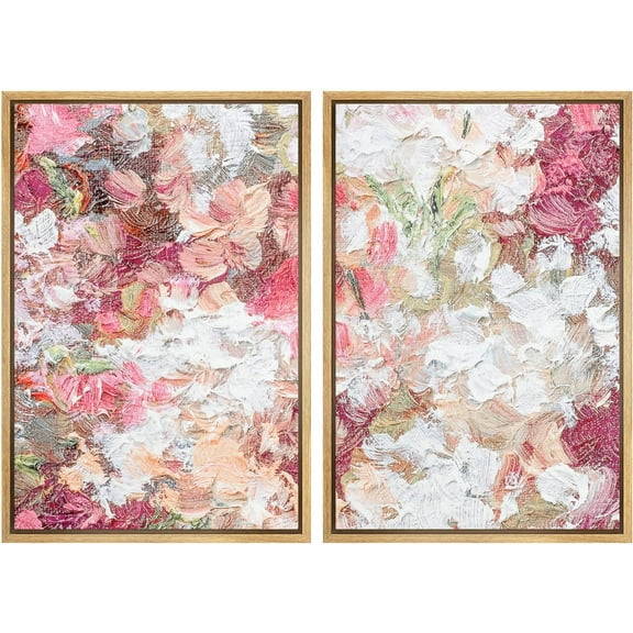 IDEA4WALL Framed Canvas Print Wall Art Set Vibrant Pink Rose Flower Bouquet Abstract Retro Art Decorative Contemporary Pastel Floral Artwork for Living Room, Bedroom, Office - Natural 24"x36"x2
