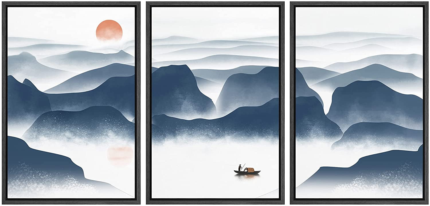 IDEA4WALL Framed Canvas Print Wall Art Set Watercolor Pastel Mountain ...