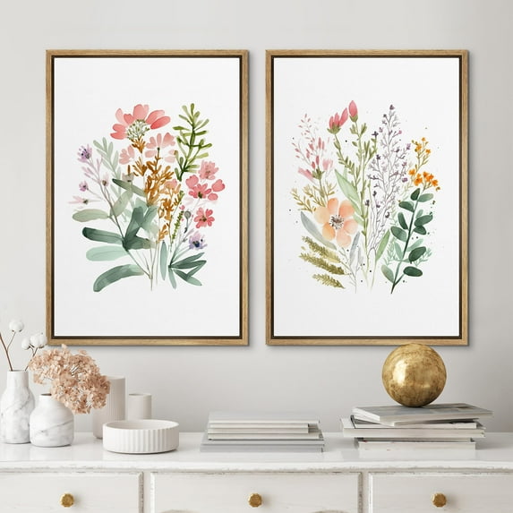 IDEA4WALL Framed Canvas Print Wall Art Set Watercolor Wildflower Botanical Modern Art Multicolor Floral Wall Decoration Bohemian Nature Artwork for Living Room, Bedroom, Office - 24"x36"x2 Natural