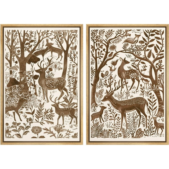 IDEA4WALL Framed Canvas Print Wall Art Set Wildlife Deers And Birds Fine Art Wall Decorative Retro Countryside Forest Animals & Plants Prints Minimalist Artwork for Home Decor - Natural 24"x36"x2