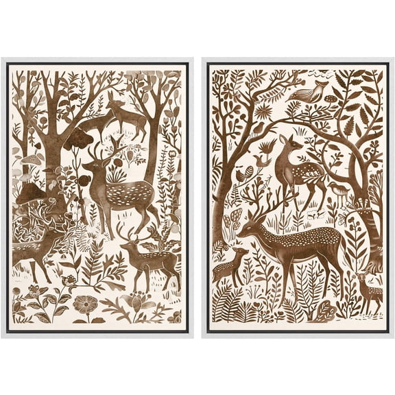 IDEA4WALL Framed Canvas Print Wall Art Set Wildlife Deers And Birds Fine Art Wall Decorative Retro Countryside Forest Animals & Plants Prints Minimalist Artwork for Home Decor - White 16"x24"x2