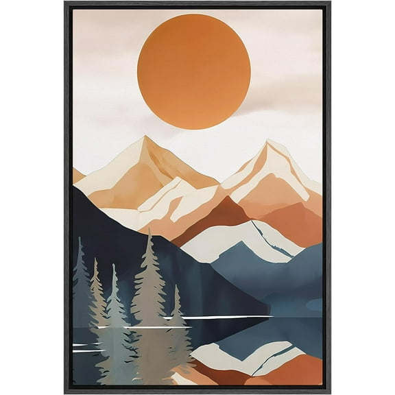IDEA4WALL Framed Canvas Print Wall Art Sunrise Pine Tree Forest Mountain Range Landscape Nature Wilderness Illustrations Decorative Bohemian Watercolor Mid-Century For Home - 16"x24" Black
