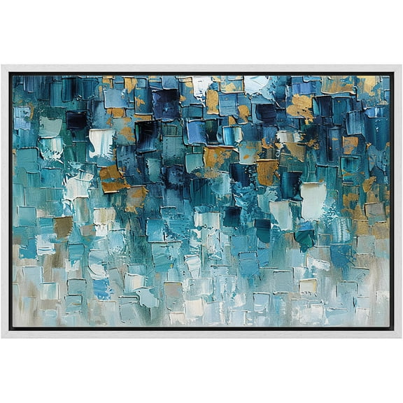 IDEA4WALL Framed Canvas Print Wall Art Teal Abstract Geometric Blue Tones Wall Decor Ocean Landscape Modern Art Colorful Pastel Print Contemporary Relax/Zen for Home Decor - White 16"x24"