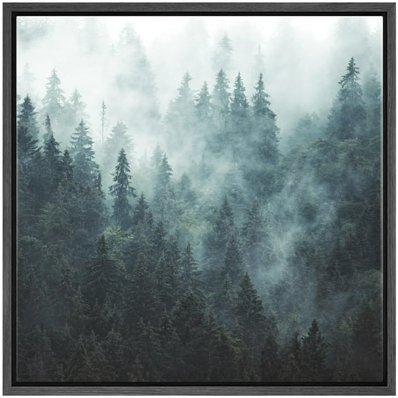 IDEA4WALL Framed Canvas Print Wall Art Watercolor Pastel Abstract Squares - Misty Forest Enchanting Pine Trees in Fog Nature Illustrations Wall Decorative Zen Minimal for Rooms - 24"x24" Black