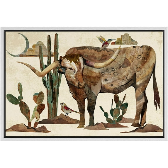 IDEA4WALL Framed Canvas Print Western Decor Longhorn Cow & Birds Portrait Wall Art Animals Wildlife Landscape Traditional Art Relax/Calm for Living Room, Bedroom, Office - White 24"x36"