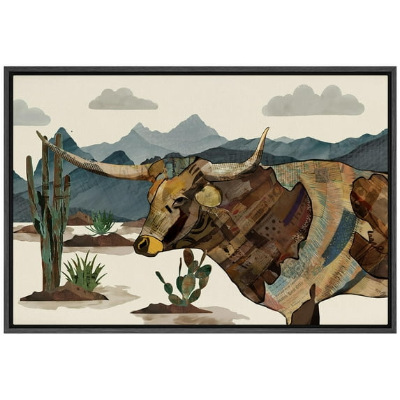 IDEA4WALL Framed Canvas Print Western Decor Longhorn Cow Portrait & Mountain Wall Art Animals Wildlife Landscape Traditional Artwork for Living Room, Bedroom, Office - Black 16"x24"
