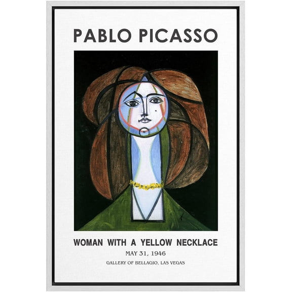 IDEA4WALL Framed Canvas Print Woman with Yellow Necklace by Pablo Picasso Historic Cultural Abstract Illustrations Fine Art Traditional Poster for Living Room, Bedroom, Office - White 24"x36"